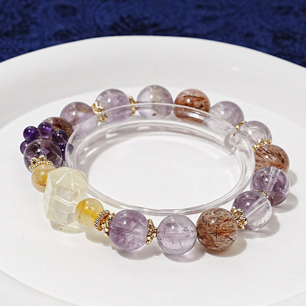 [Vin rouge] Bracelet en cristal de fourrure de lapin violet Super Seven en or noir naturel de haute qualité pour femme, bracelet en quartz rutile doré, vente en gros 